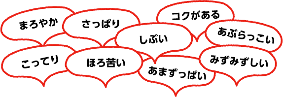 まろやか こってり さっぱり ほろ苦い しぶい あまずっぱい コクがある あぶらっこい みずみずしい