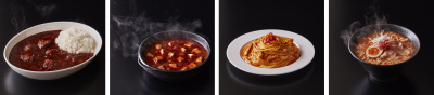 画像：左から【チキンカレー】【麻婆豆腐】【辛ボナーラ】【ラーメン】