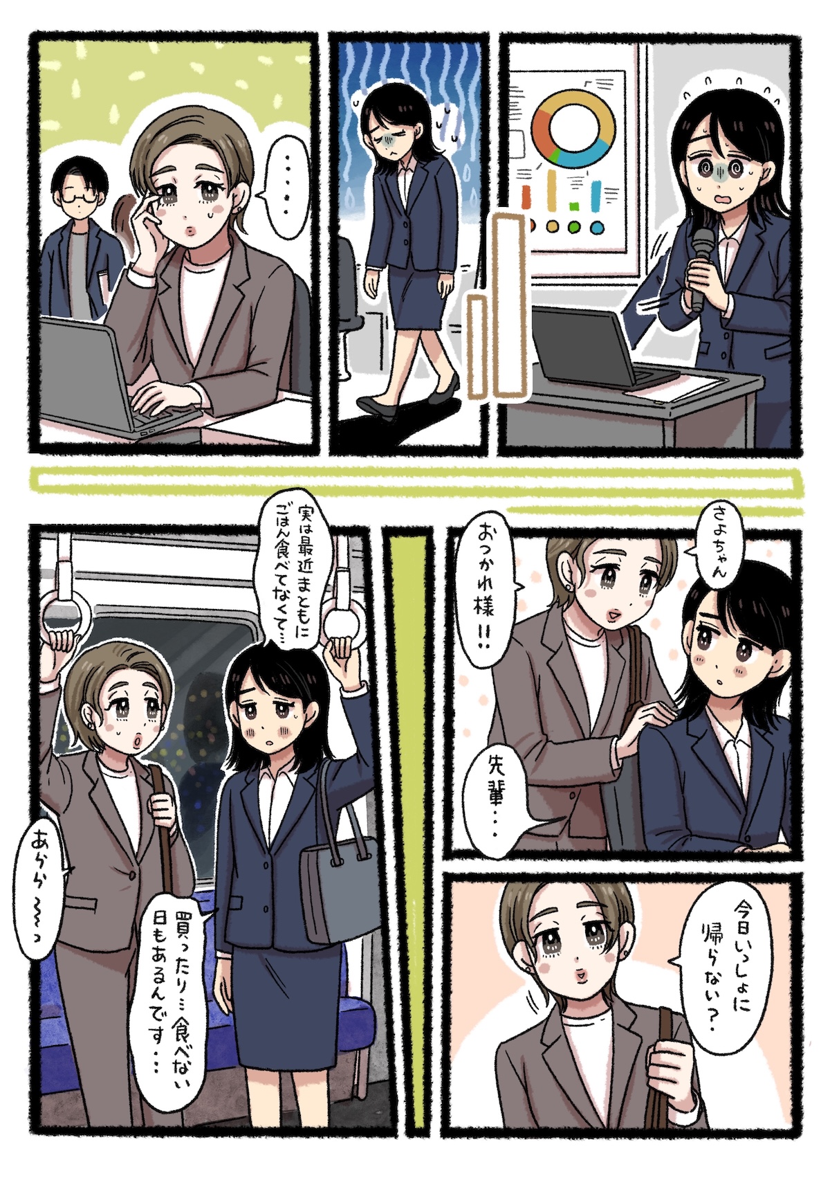 社内プレゼンで、緊張のあまり失敗してしまうさよ。落ち込むさよを見かねた先輩は「今日いっしょに帰らない?」と誘う。移動中の電車内で、さよは最近まともにご飯を食べていないことを先輩に打ち明ける。