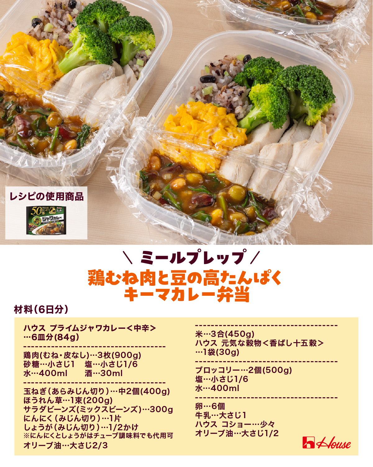 「ミールプレップ　鶏むね肉と豆の高たんぱくキーマカレー弁当」のレシピカード＜材料編＞