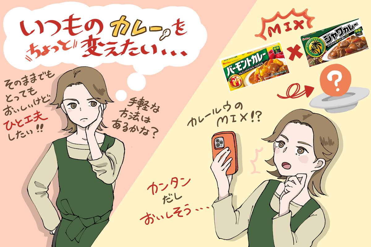 カレールウの箱を片手に悩んでいる女性のイラスト