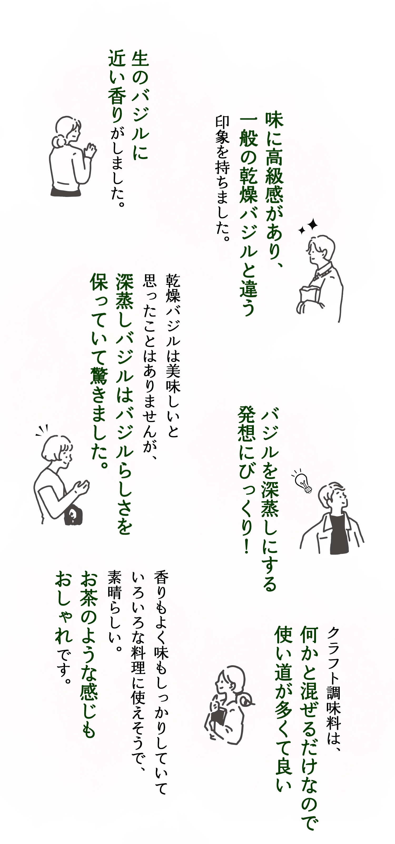 乾燥バジルは美味しいと思ったことはありませんが、深蒸しバジルはバジルらしさを保っていて驚きました。 生のバジルに近い香りがしました。 味に高級感があり、一般の乾燥バジルと違う印象を持ちました。 バジルを深蒸しにする発想にびっくり！ 香りもよく味もしっかりしていていろいろな料理に使えそうで、素晴らしい。お茶のような感じもおしゃれです。 クラフト調味料は、何かと混ぜるだけなので使い道が多くて良い