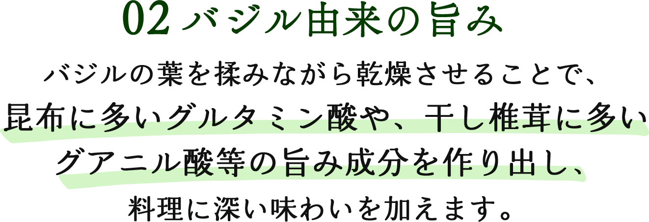 02 バジルの葉由来の旨味 バジルの葉を揉みながら乾燥させることで、昆布に多いグルタミン酸や、干し椎茸に多いグアニル酸等の旨み成分を作り出し、料理に深い味わいを加えます。