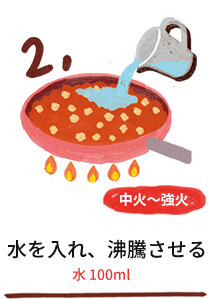 2.中火〜強火 水を入れ、沸騰させる 水 100ml