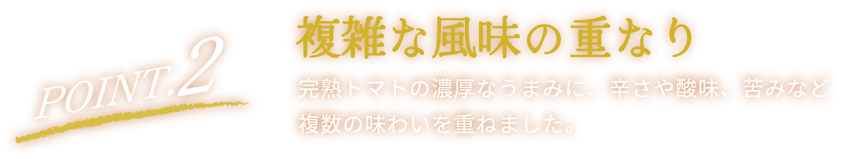point2 複雑な風味の重なり 完熟トマトの濃厚なうまみに、辛さや酸味、苦味など複数の味わいを重ねました。