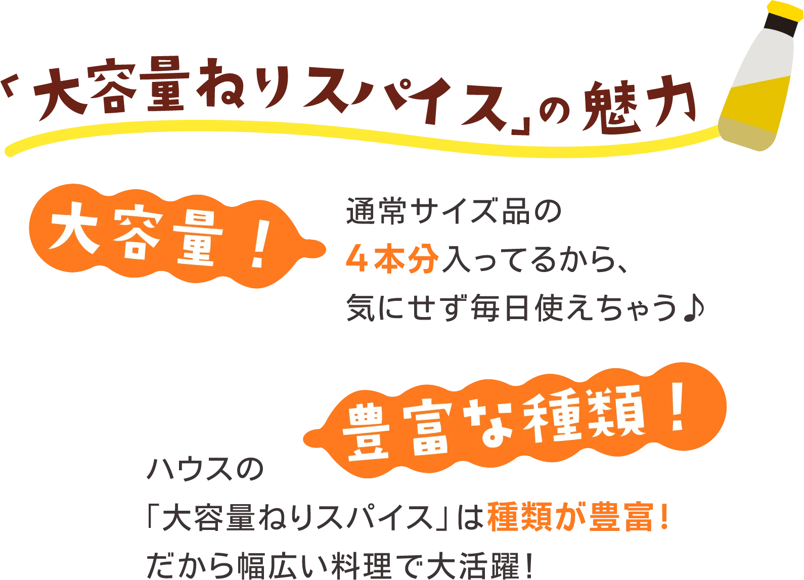 「大容量ねりスパイス」の魅力 大容量！ 通常サイズ品の4本分入ってるから、気にせず毎日使えちゃう♪ 豊富な種類！ ハウスの「大容量ねりスパイス」は種類が豊富!​だから幅広い料理で大活躍！​