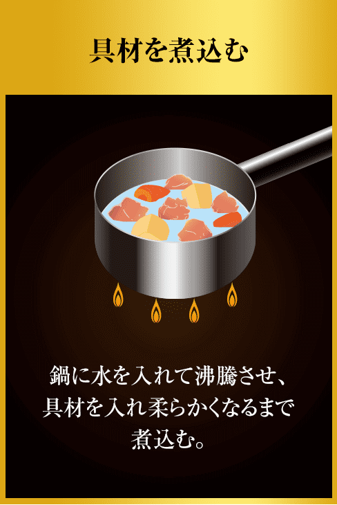 具材を煮込む 鍋に水を入れて沸騰させ、具材を入れ柔らかくなるまで煮込む。