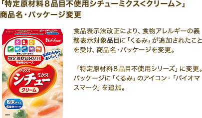 「特定原材料８品目不使用シチューミクス＜クリーム＞」商品名・パッケージ変更 食品表示法改正により、食物アレルギーの義務表示対象品目に「くるみ」が追加されたことを受け、商品名・パッケージを変更。「特定原材料８品目不使用シリーズ」に変更。パッケージに「くるみ」のアイコン・「バイオマスマーク」を追加。