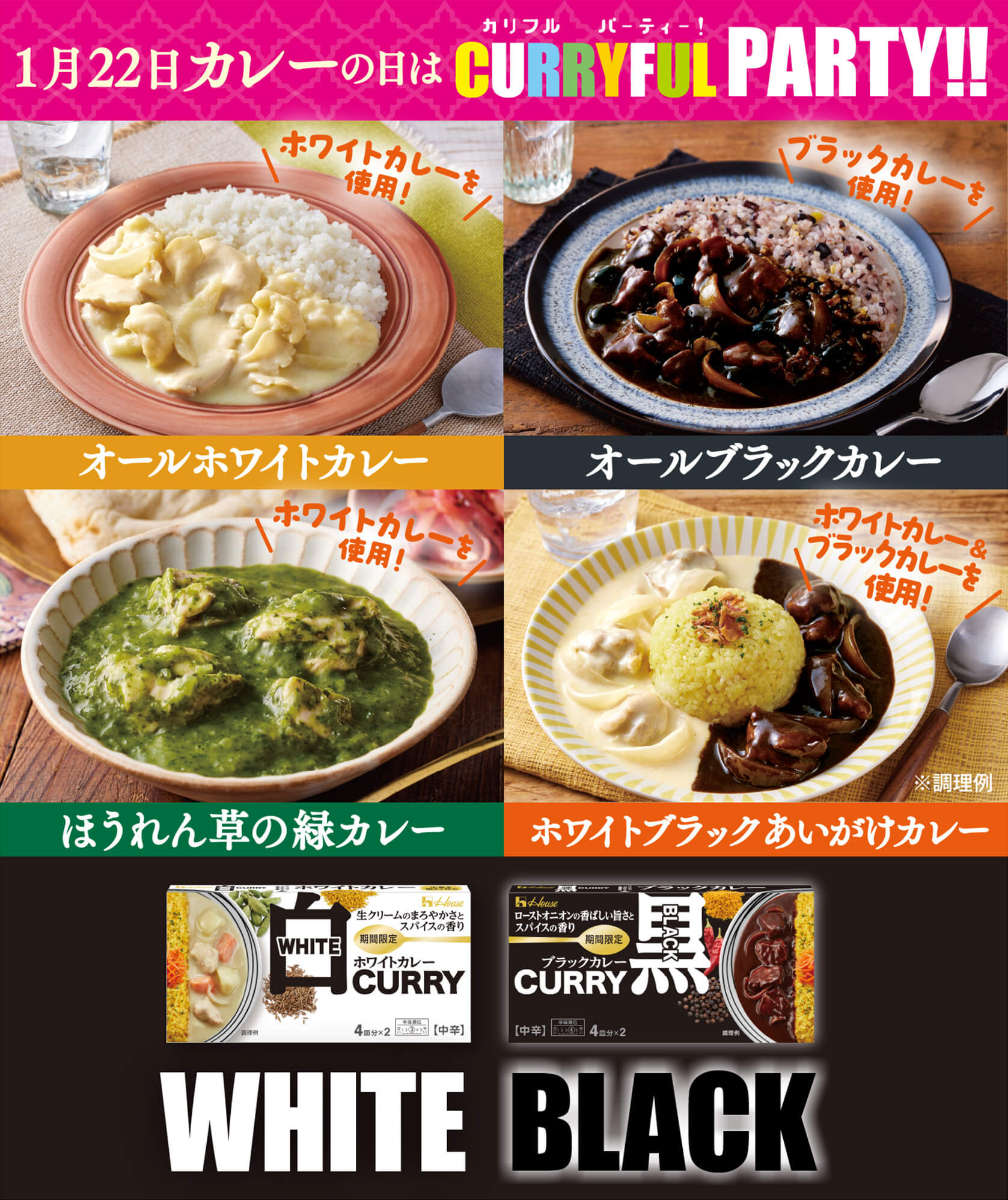 1月22日カレーの日はcurryfulPARTY!! ホワイトブラックあいがけカレー オールホワイトカレー ほうれん草の緑カレー オールブラックカレー
