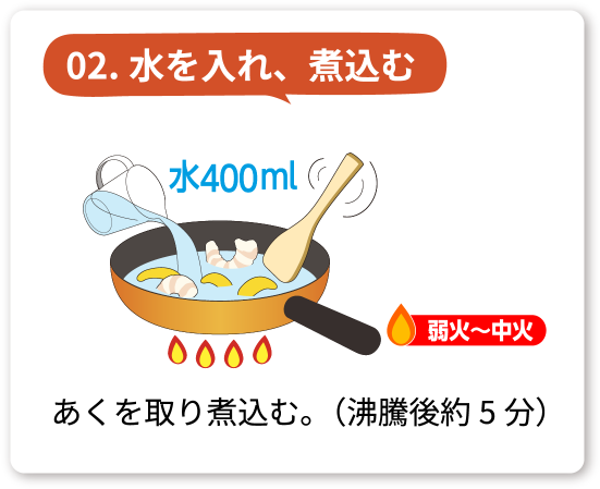 02.水を入れ、煮込む