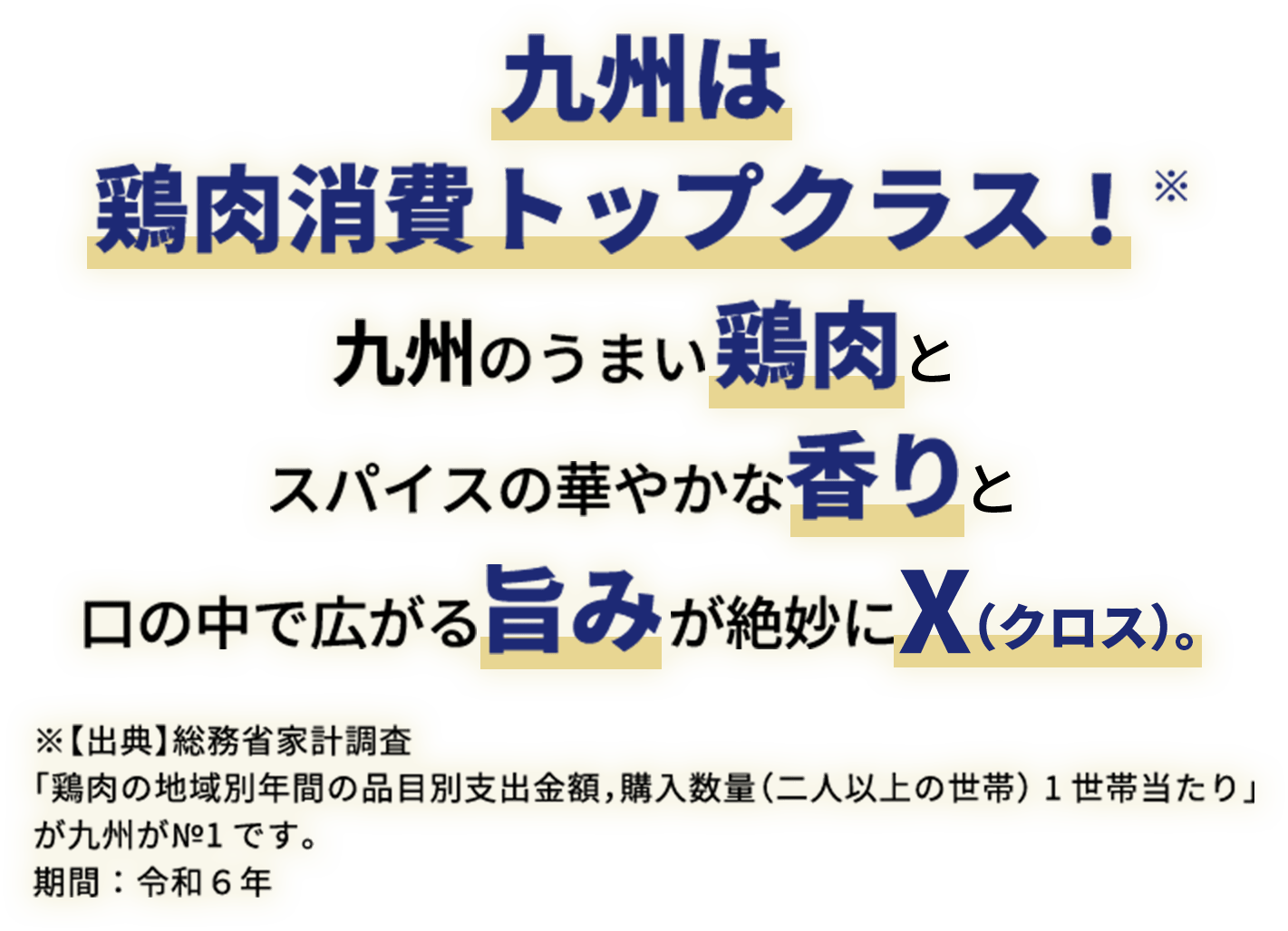 九州は鶏肉消費トップクラス！※九州のうまい鶏肉とスパイスの華やかな香りと口の中で広がる旨みが絶妙にX(クロス) ※出典：総務省「家計調査（家計収支編）」における鶏肉の地域別年間の品目別支出金額・購入数量（1世帯当たり／二人以上の世帯）では、九州が全国で最も高い水準となっている。期間：令和6年